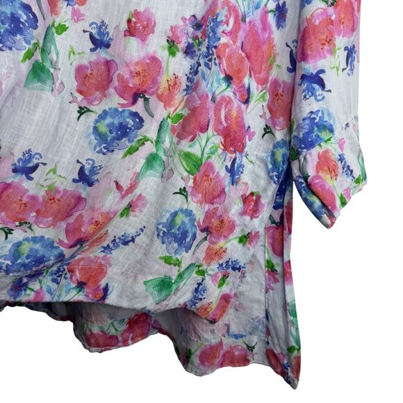 Cut Loose Blue Pink Floral 100% Linen Tunic Top 3/4 Sleeve HighLow Lagenlook SzM - Picture 4 of 7